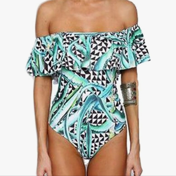 Women's RUFFLE NECK ONE PIECE SWIMWEAR M - Picture 1 of 8